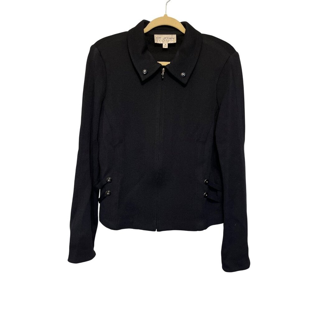 St. John Collection Black Knit Full Zip Jacket With Button Detail Size 14